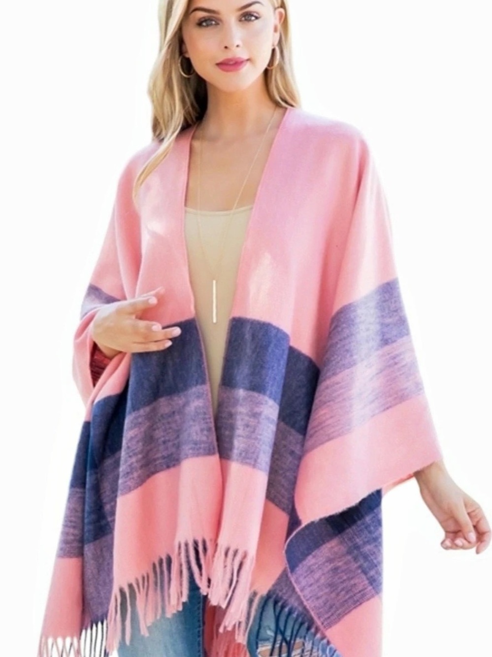 Striped Fringe Wrap/Shawl in Pink & Blue NWT